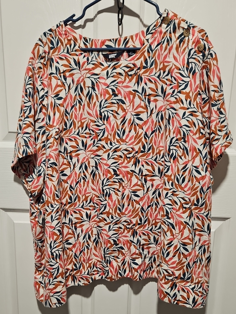 Lands' End Coral, Navy & White Short-Sleeve Leaf-Print Linen Top